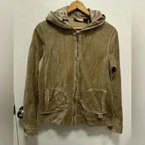Onque Casuals women’s zip up hooded velvet beige sweatshirt vintage size small